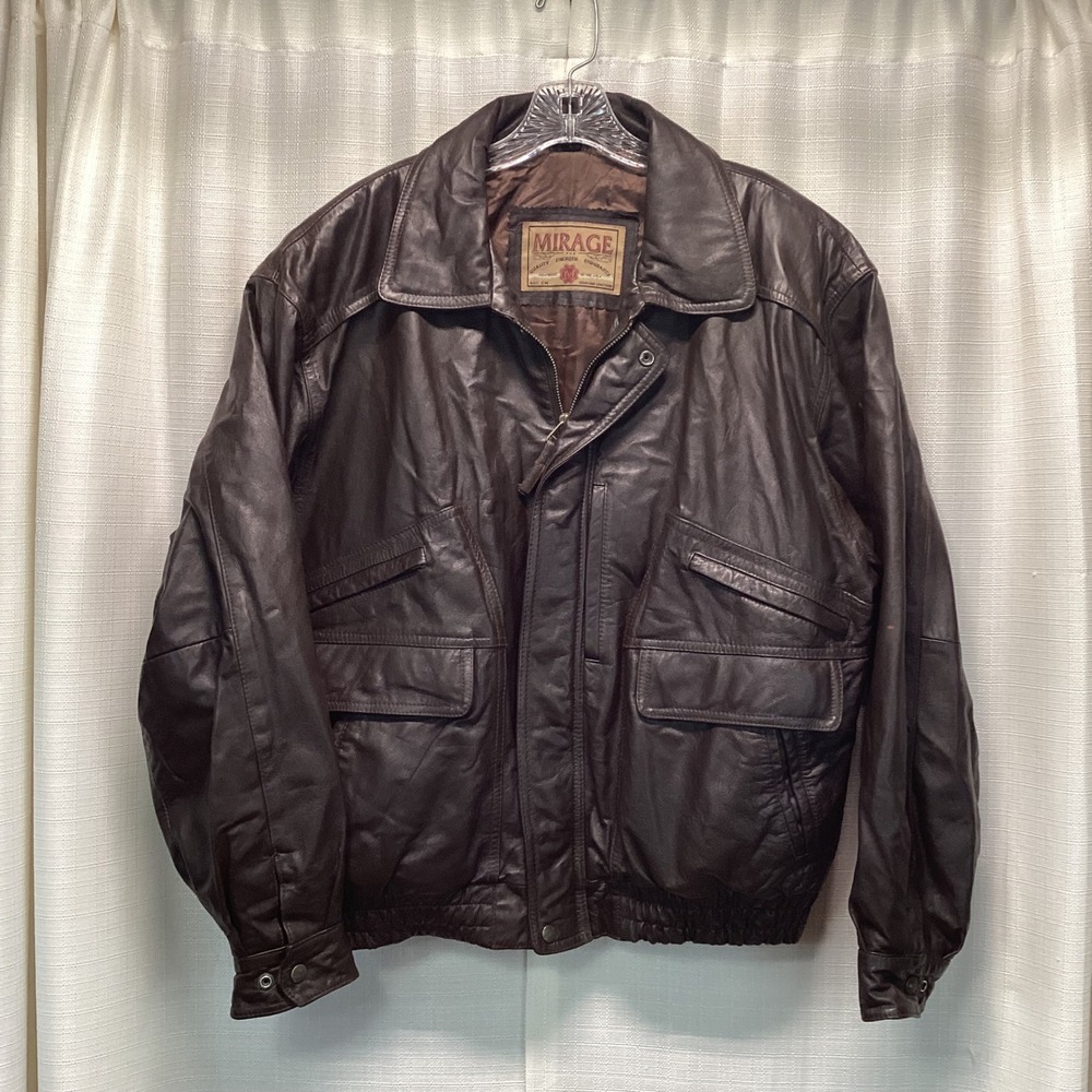 Mirage Mens Brown Genuine Leather Bomber Jacket Vintage Quilted Lined Large